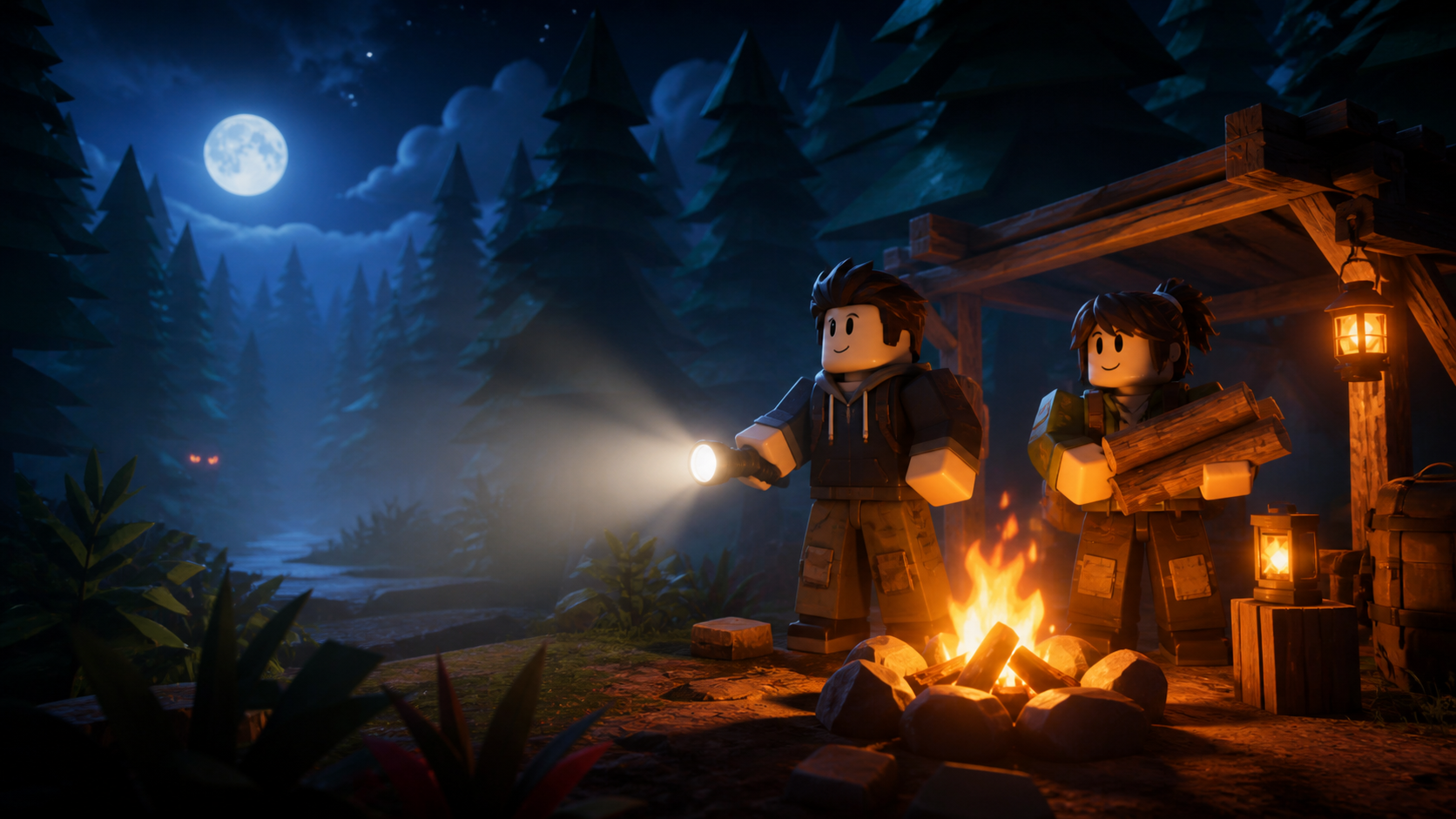 Original block-style friends using a campfire and flashlight in a moonlit forest