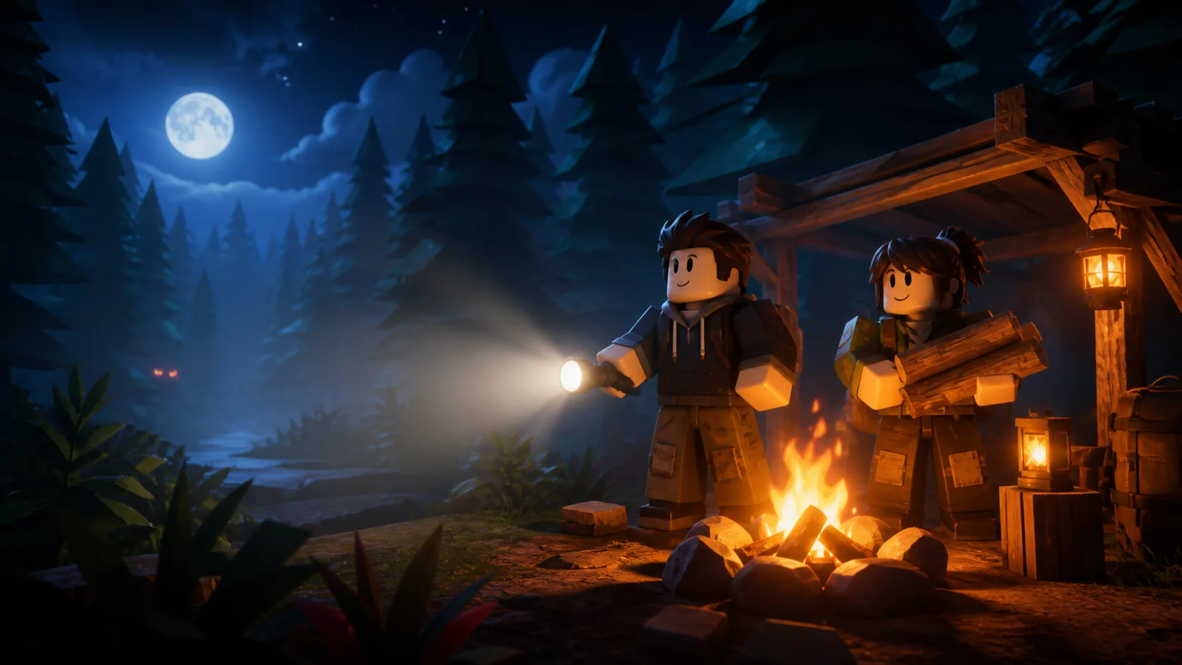 Original block-style friends using a campfire and flashlight in a moonlit forest