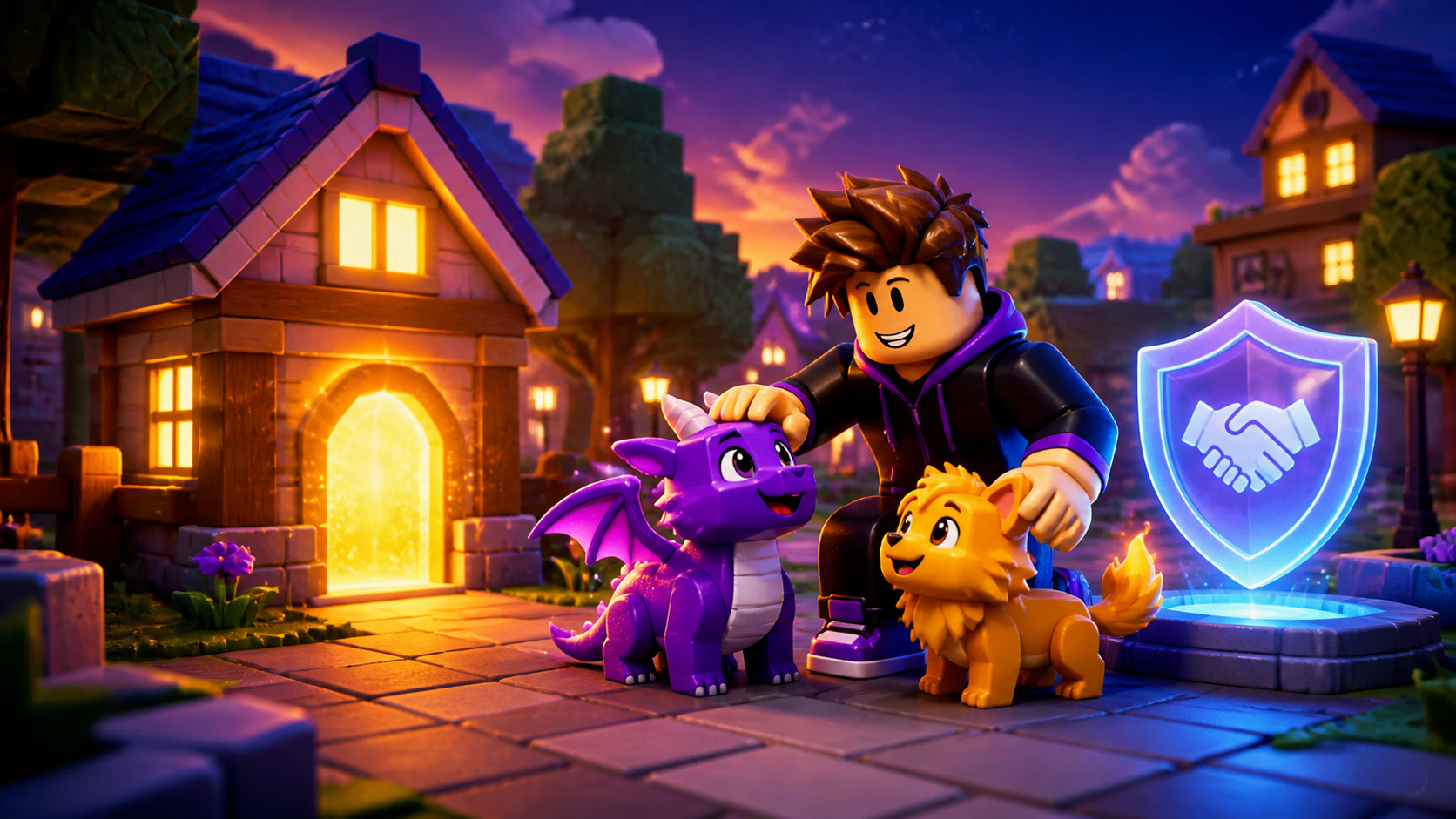 Original block-style player caring for two friendly fantasy pets beside a glowing home and protected trade shield