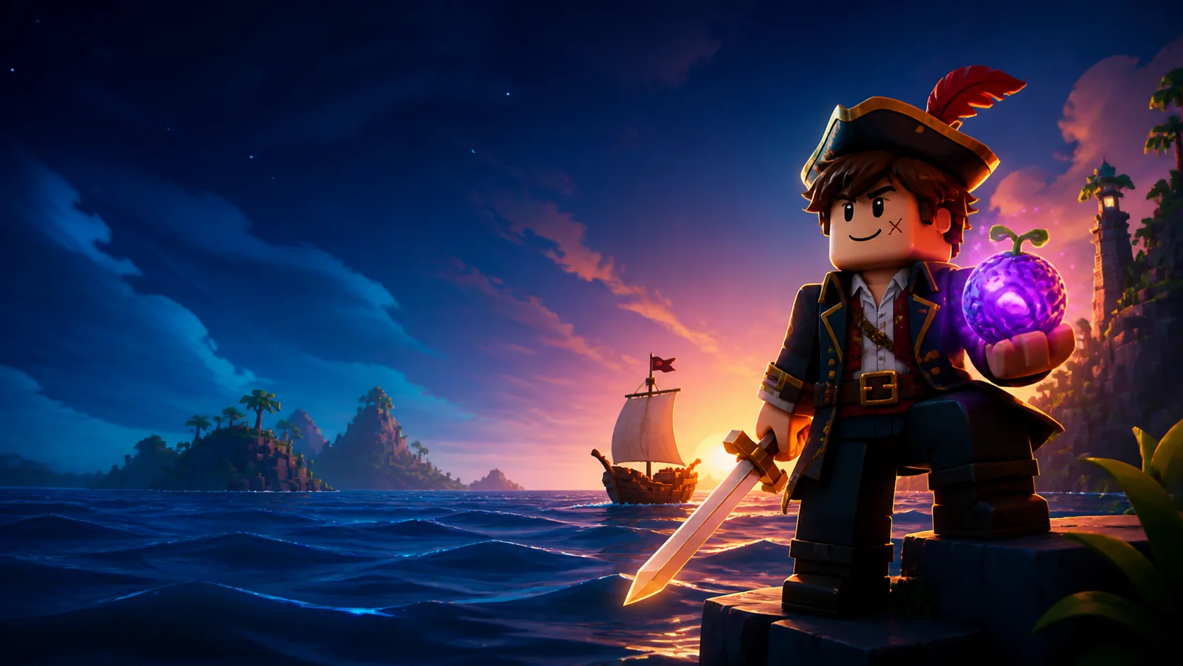 Original block-style pirate adventurer with a glowing magical fruit beside the ocean at sunset