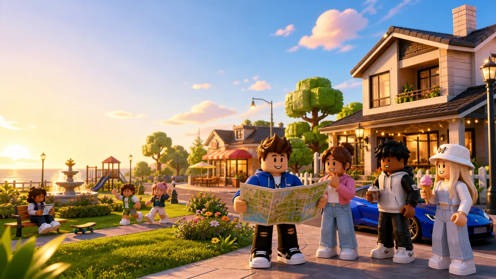 Original block-style friends planning a roleplay day in a sunny town