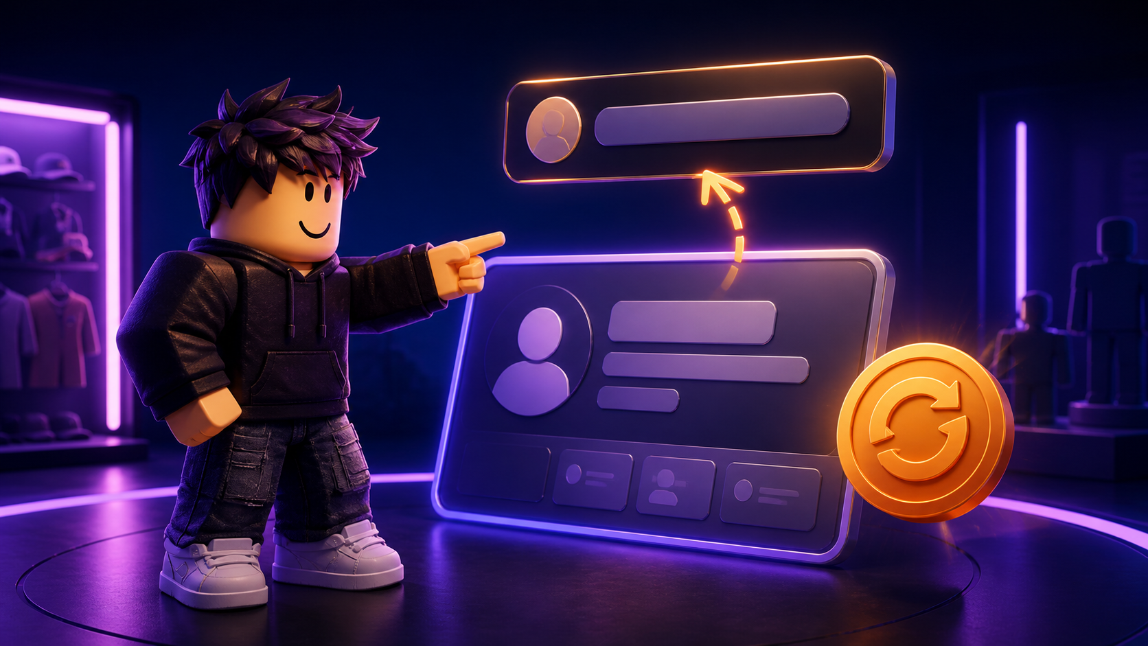 Original block-style avatar changing an abstract profile name card and display label in a neon customization studio