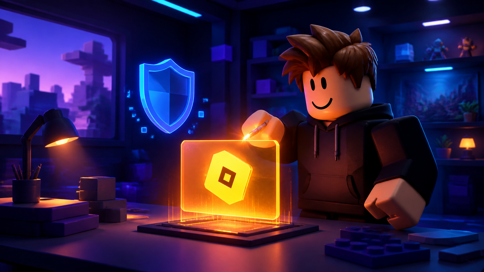 Original block-style creator building a glowing game pass card in a secure studio workspace