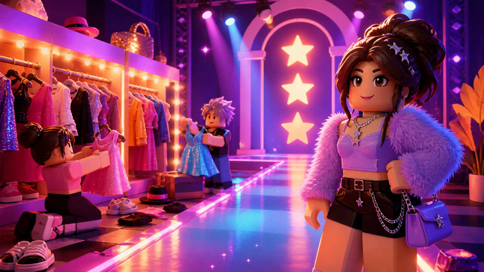 Original block-style fashion players preparing colourful theme outfits beside a glowing runway and voting stars