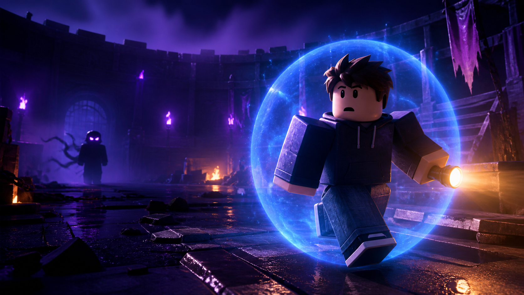 Original block-style survivor using a flashlight and blue shield in a moody abandoned survival arena