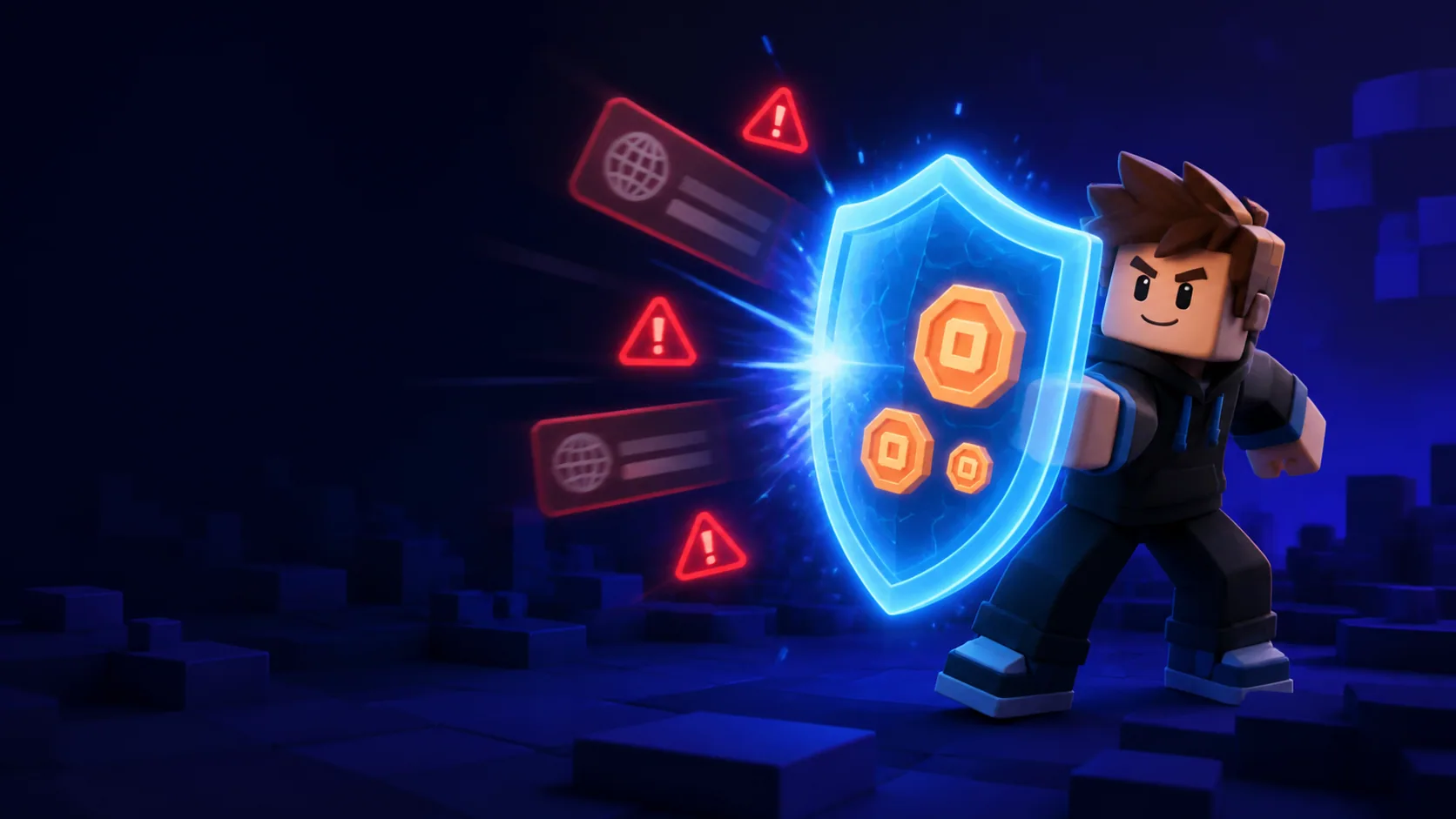 Blocky game character using a shield to block scam links and warning symbols