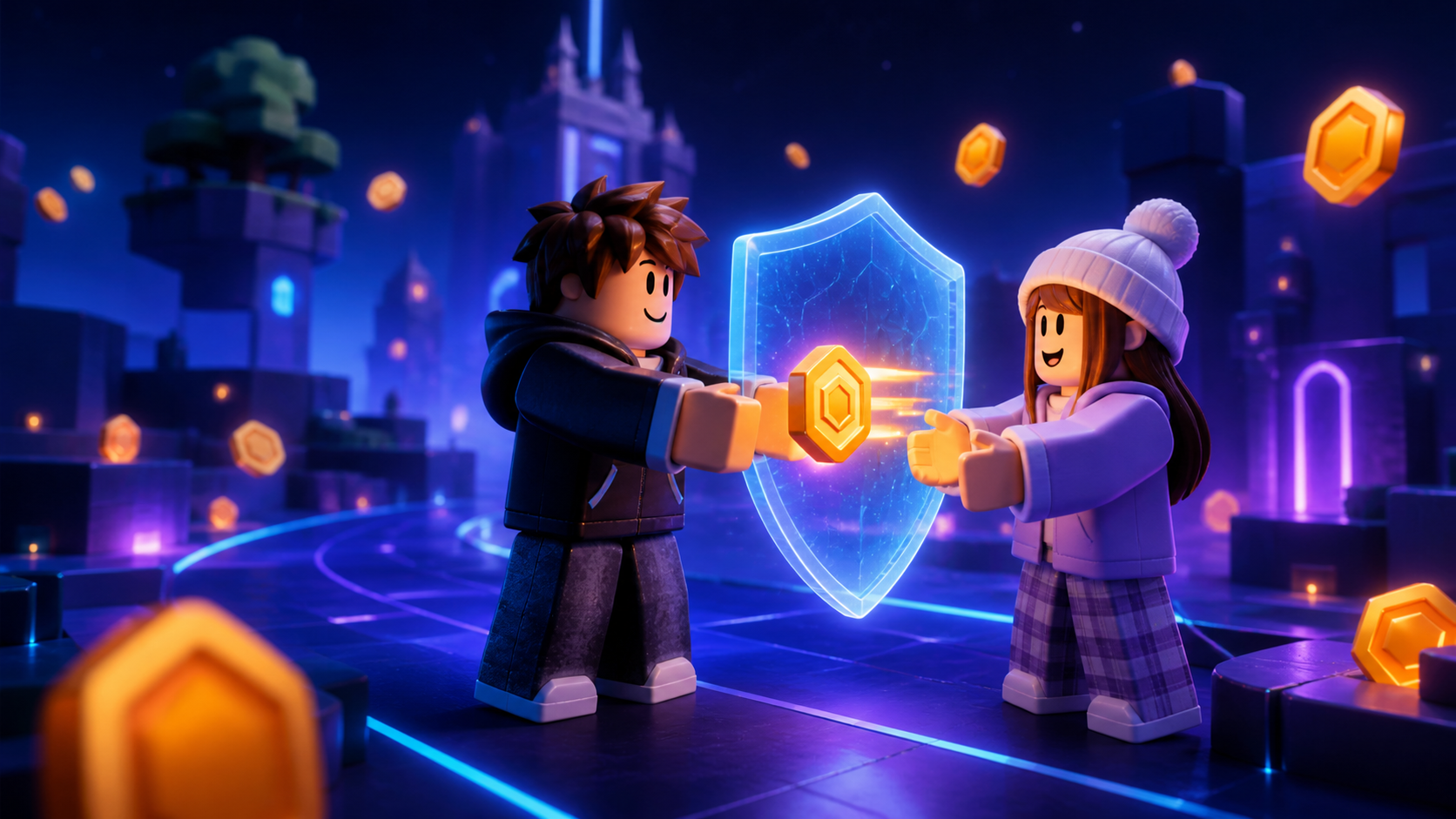 Original block-style friends exchanging a glowing orange coin through a secure blue shield