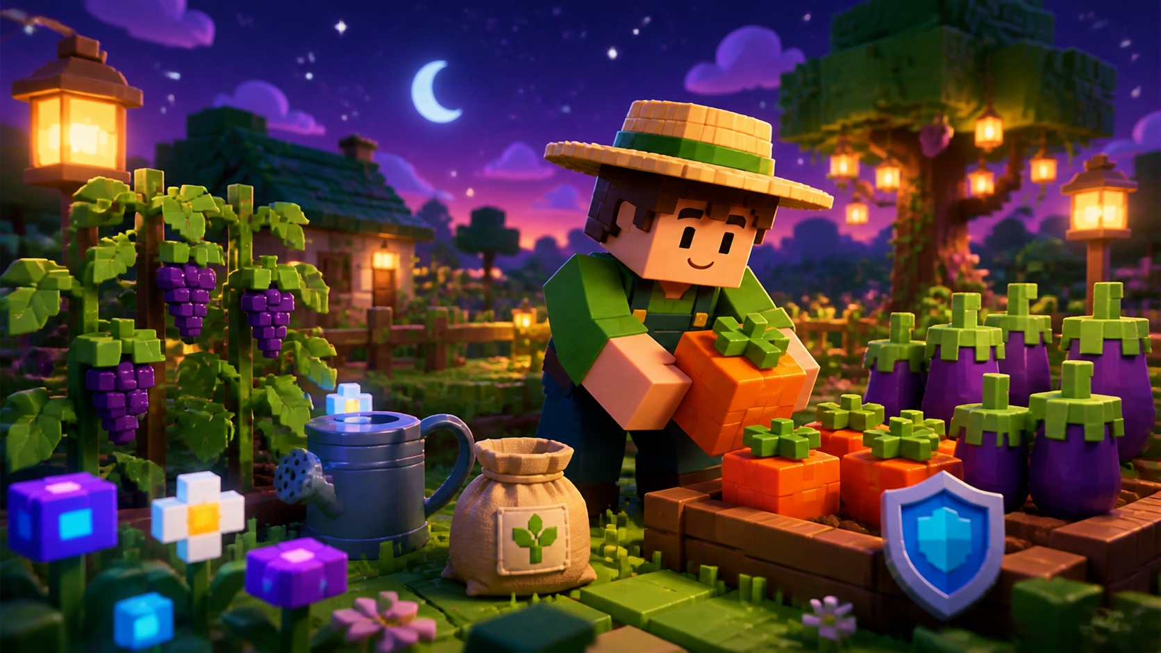 Original block-style gardener harvesting bright crops in a glowing evening garden with a secure trade shield
