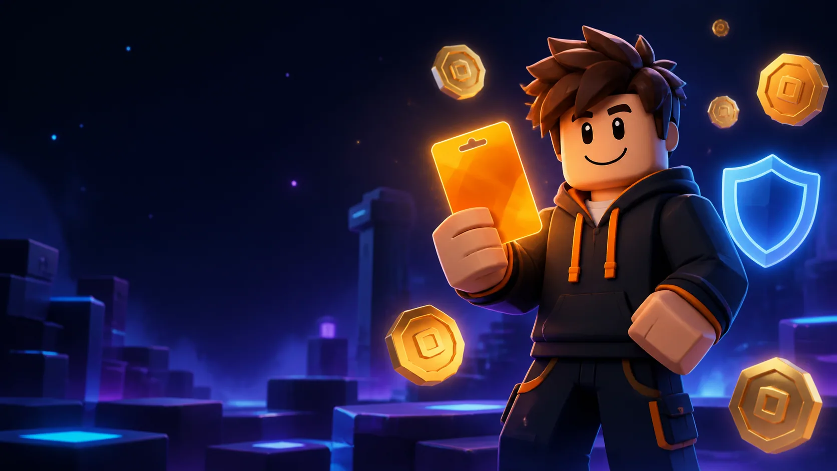 Blocky game character holding a gift card with coin tokens and a security shield
