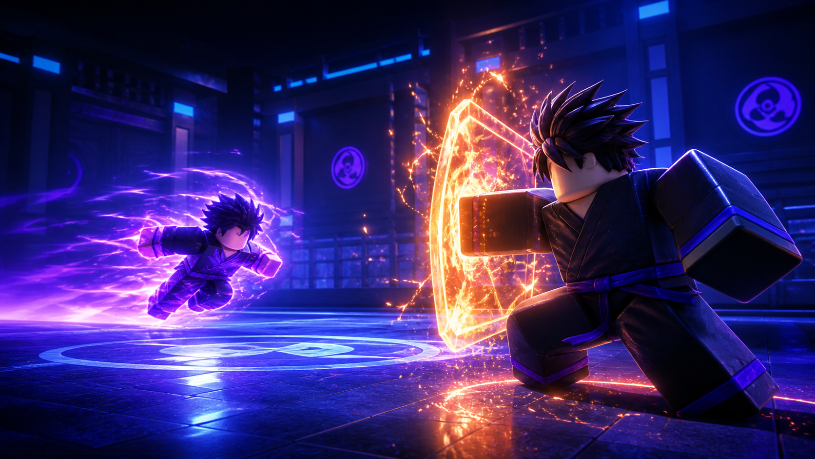 Original block-style arena fighters practising an energy dash and defensive block in a neon dojo