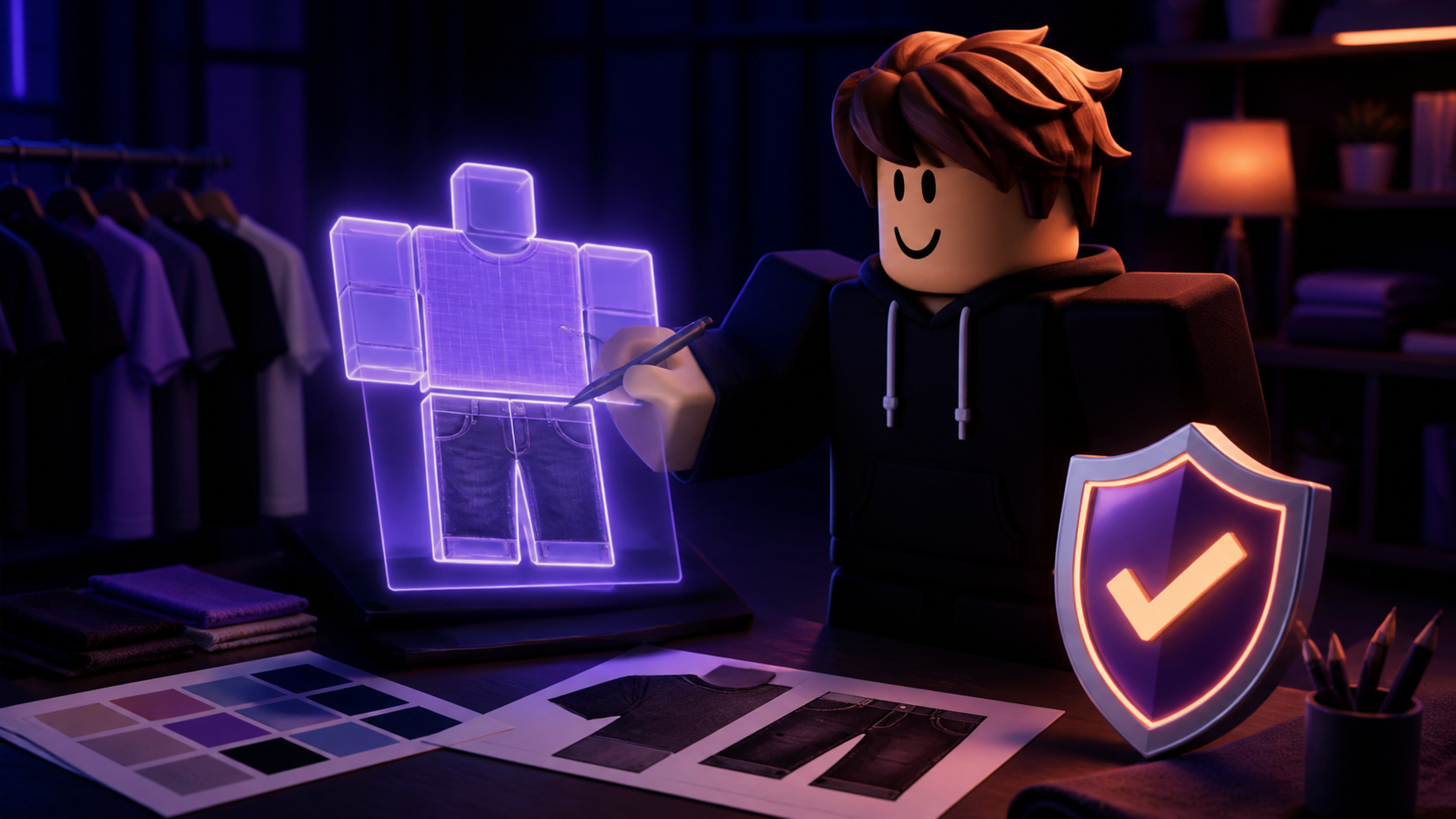 Original block-style creator designing classic avatar clothing on a mannequin in a secure dark studio