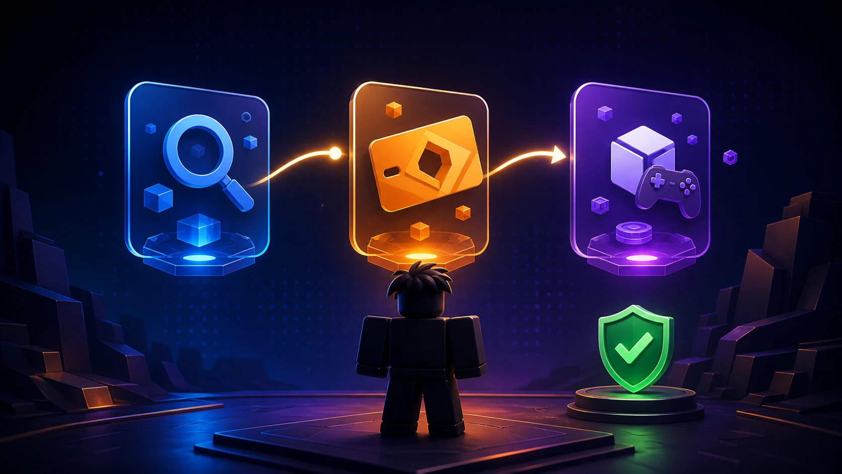 Roblox player holding a digital reward card, points tokens, and a safety shield