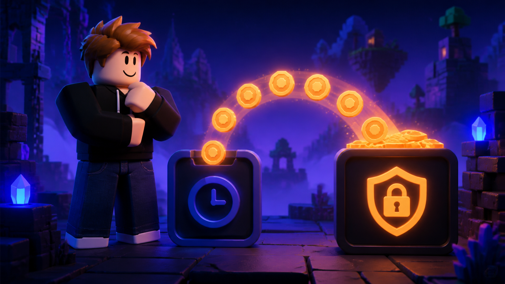 Original block-style creator watching orange coins move from a pending timer into a secure balance