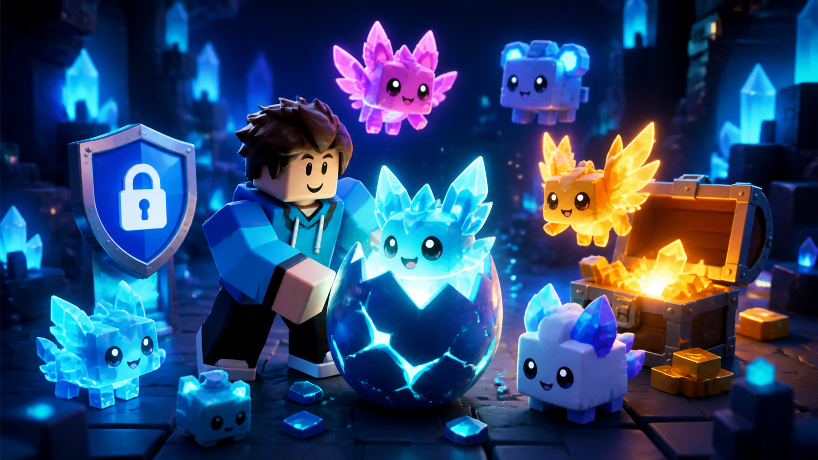 Original block-style player hatching friendly glowing pets near a treasure chest and a secure trade window