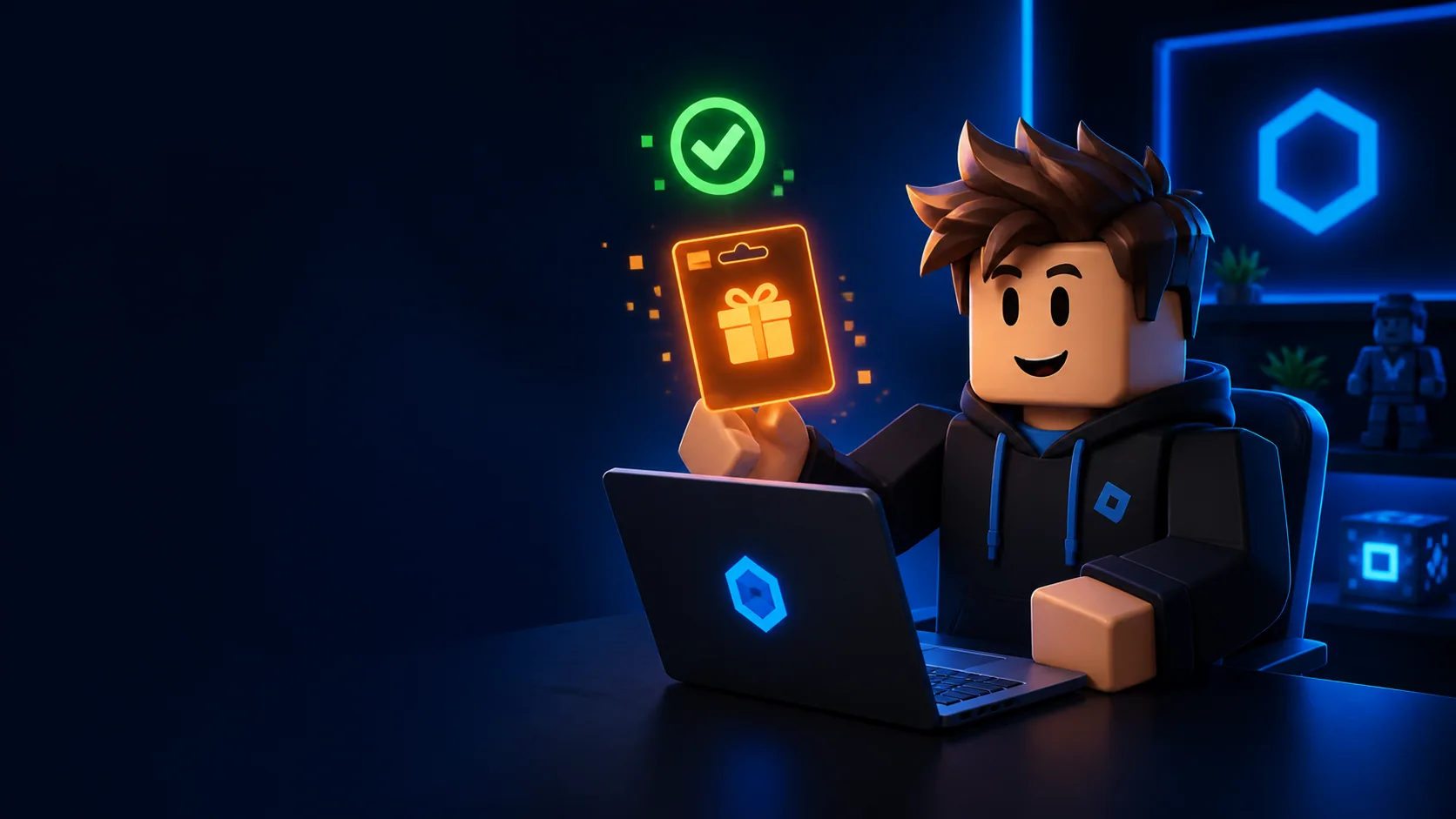 Game avatar redeeming a glowing gift card in a browser