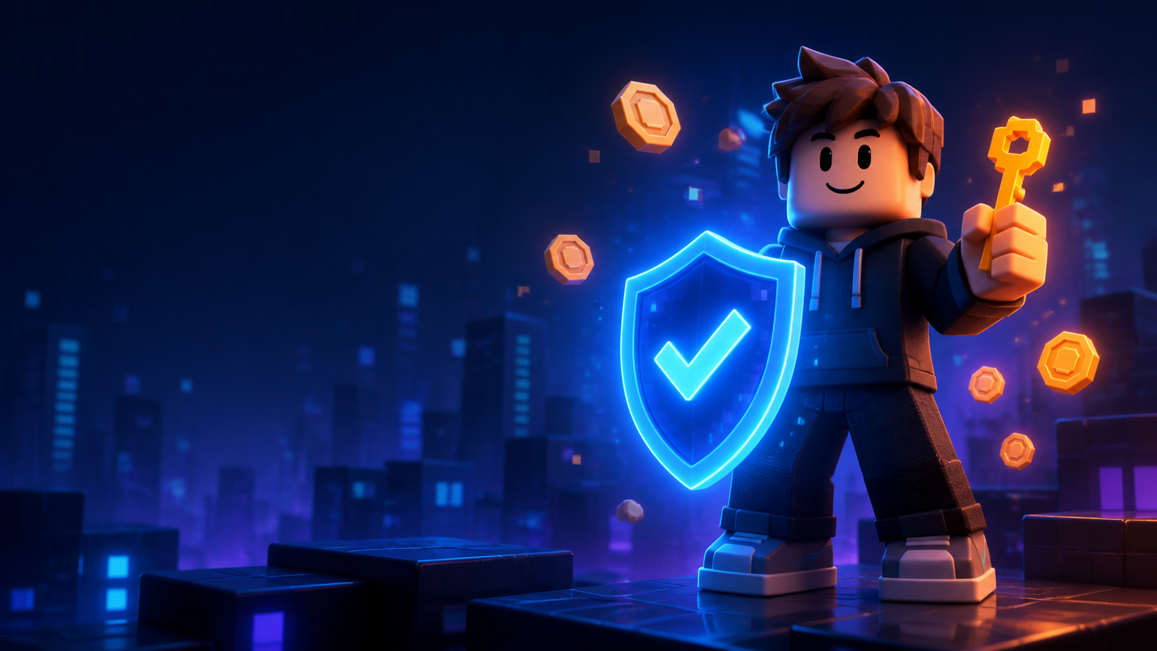Original block-style game avatar restoring a secured account with a blue shield and recovery key