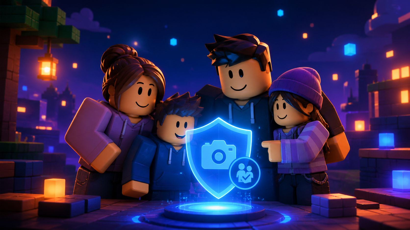 Original block-style family reviewing a privacy-safe age-check shield with camera and parent approval icons