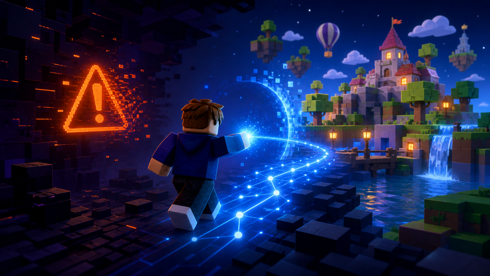 Original block-style avatar reconnecting to a game world through a repaired glowing blue network path