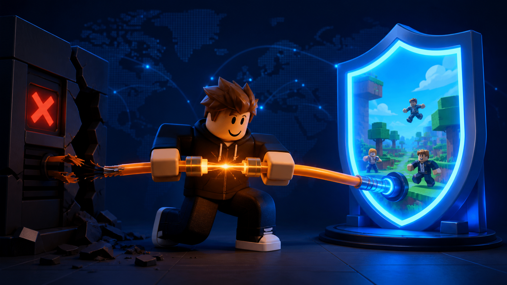 Original block-style avatar reconnecting safely through a blue shield gateway and repaired orange network cable