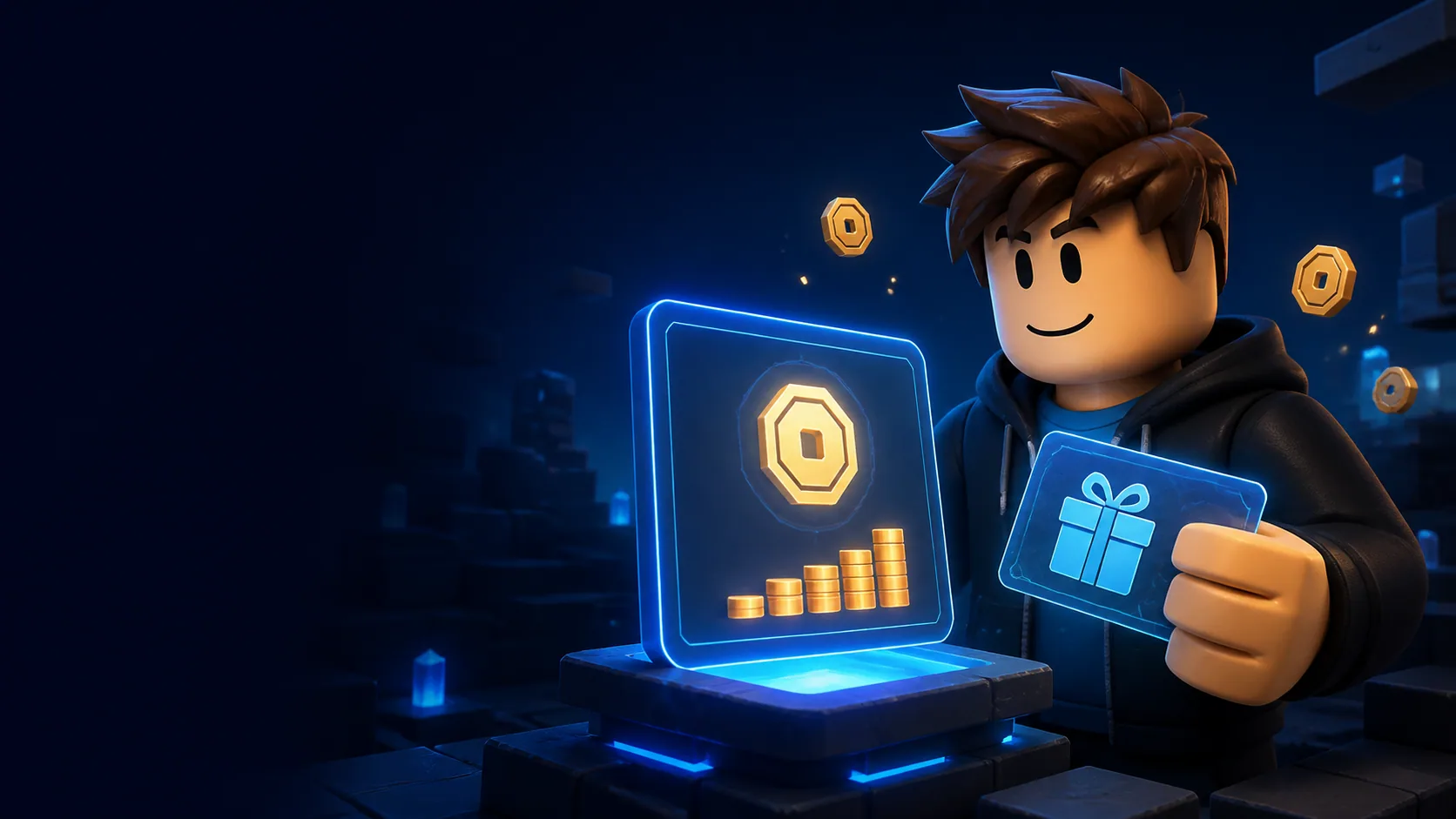 Game avatar checking a glowing Roblox credit balance panel
