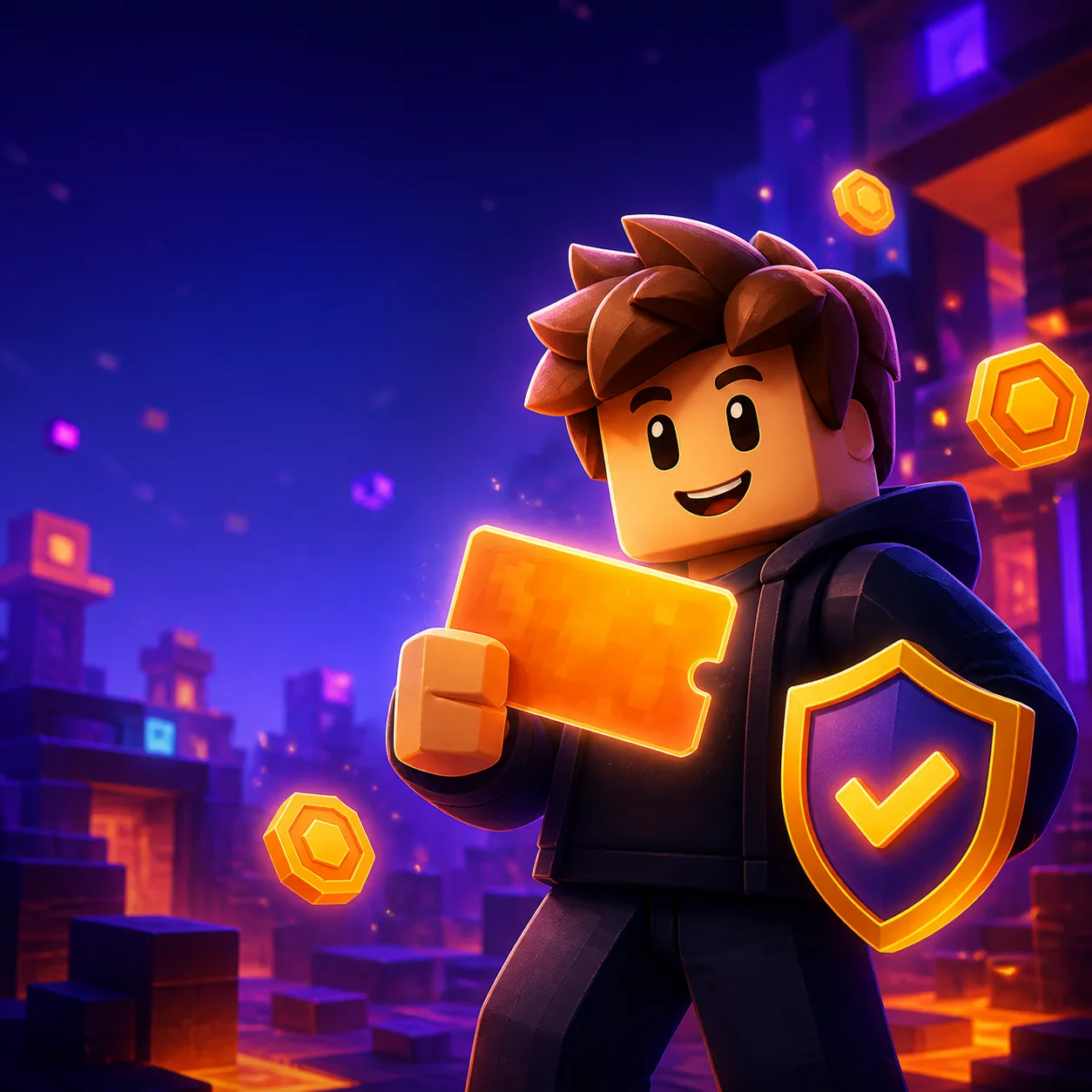 Roblox-spelare med presentkort, mynt och säkerhetssköld