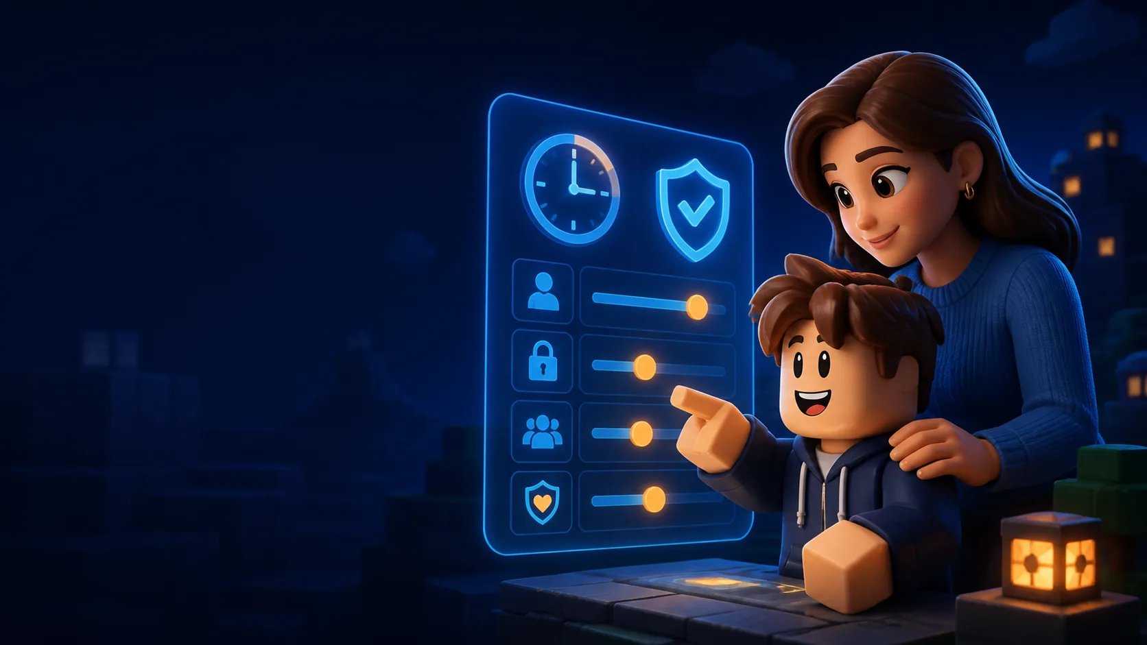 Parent and young game avatar reviewing a family safety settings panel