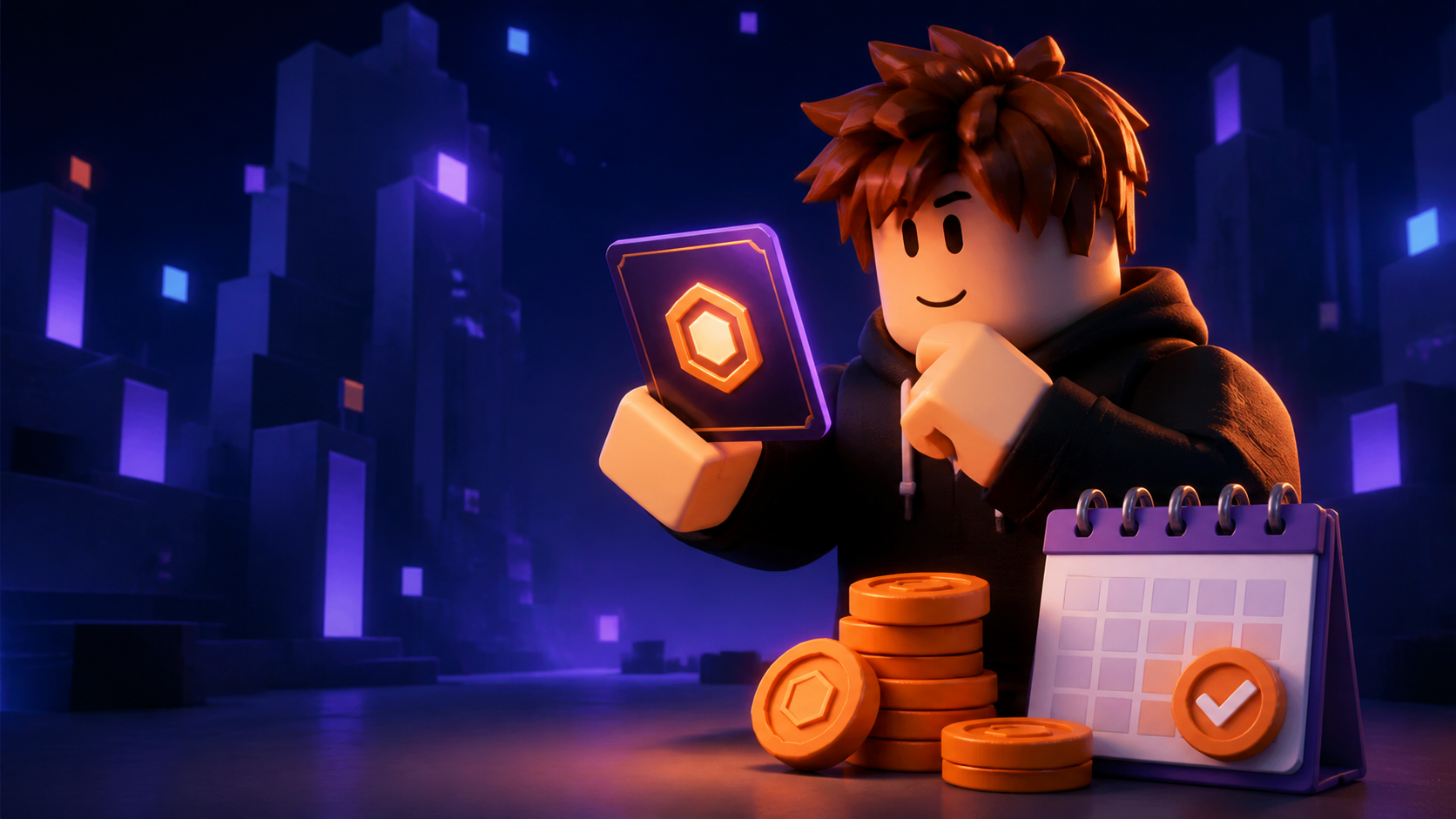 Original block-style avatar reviewing a premium membership card, calendar, coin tokens, and a safe cancellation checkmark