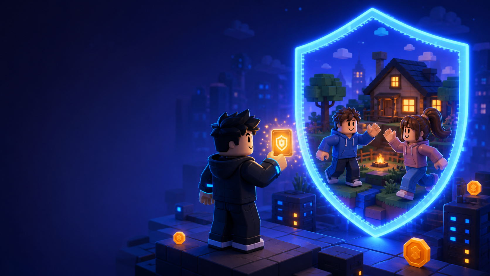 Original block-style friends joining a protected private game server through a glowing shield portal