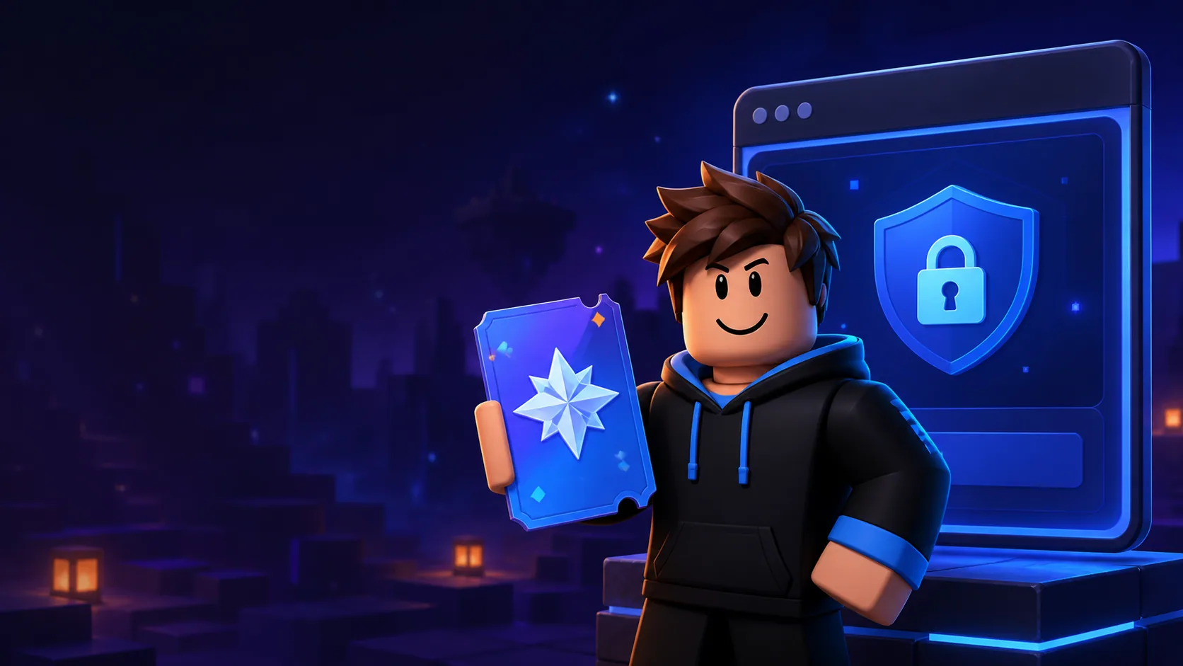 Game avatar holding a promo ticket near a secure code redemption panel