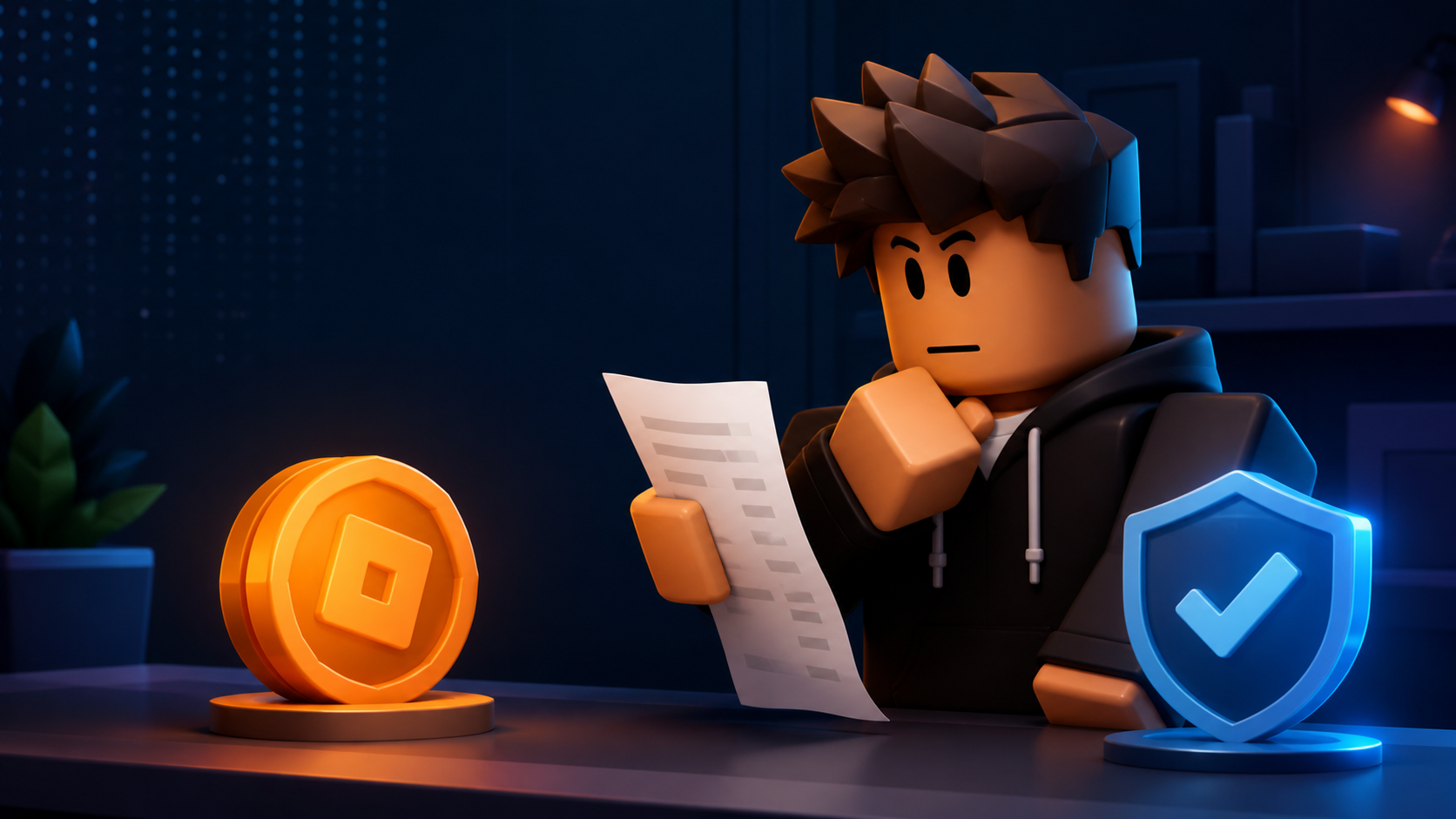 Original block-style avatar reviewing a purchase receipt, coin balance, and a blue customer-support shield