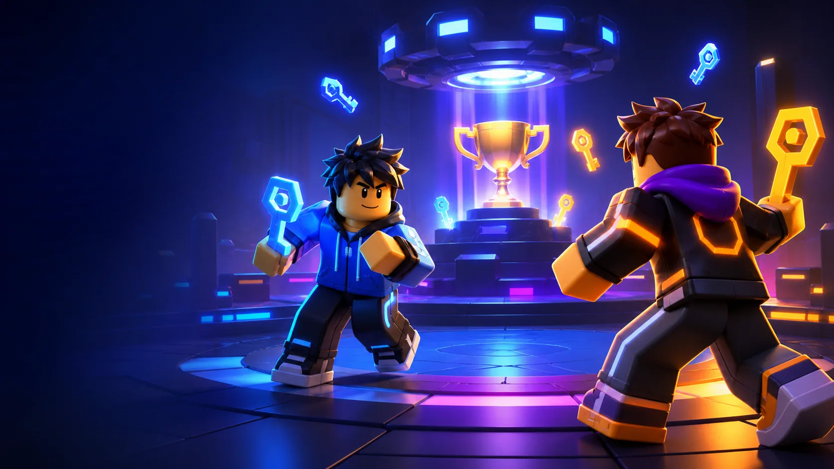 Original block-style players in a glowing friendly competition arena