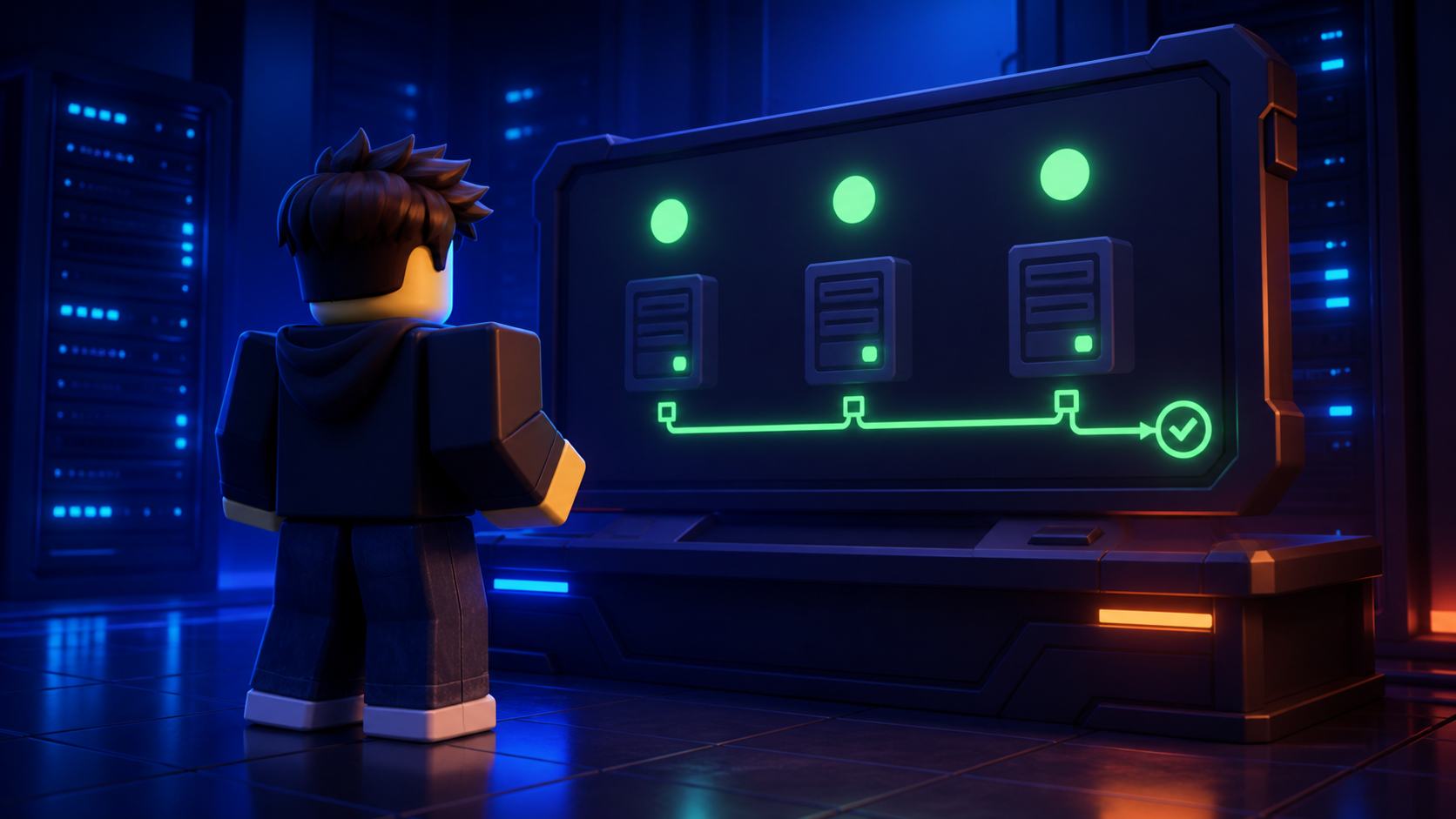 Original block-style player viewing a healthy abstract server-status board with green system lights