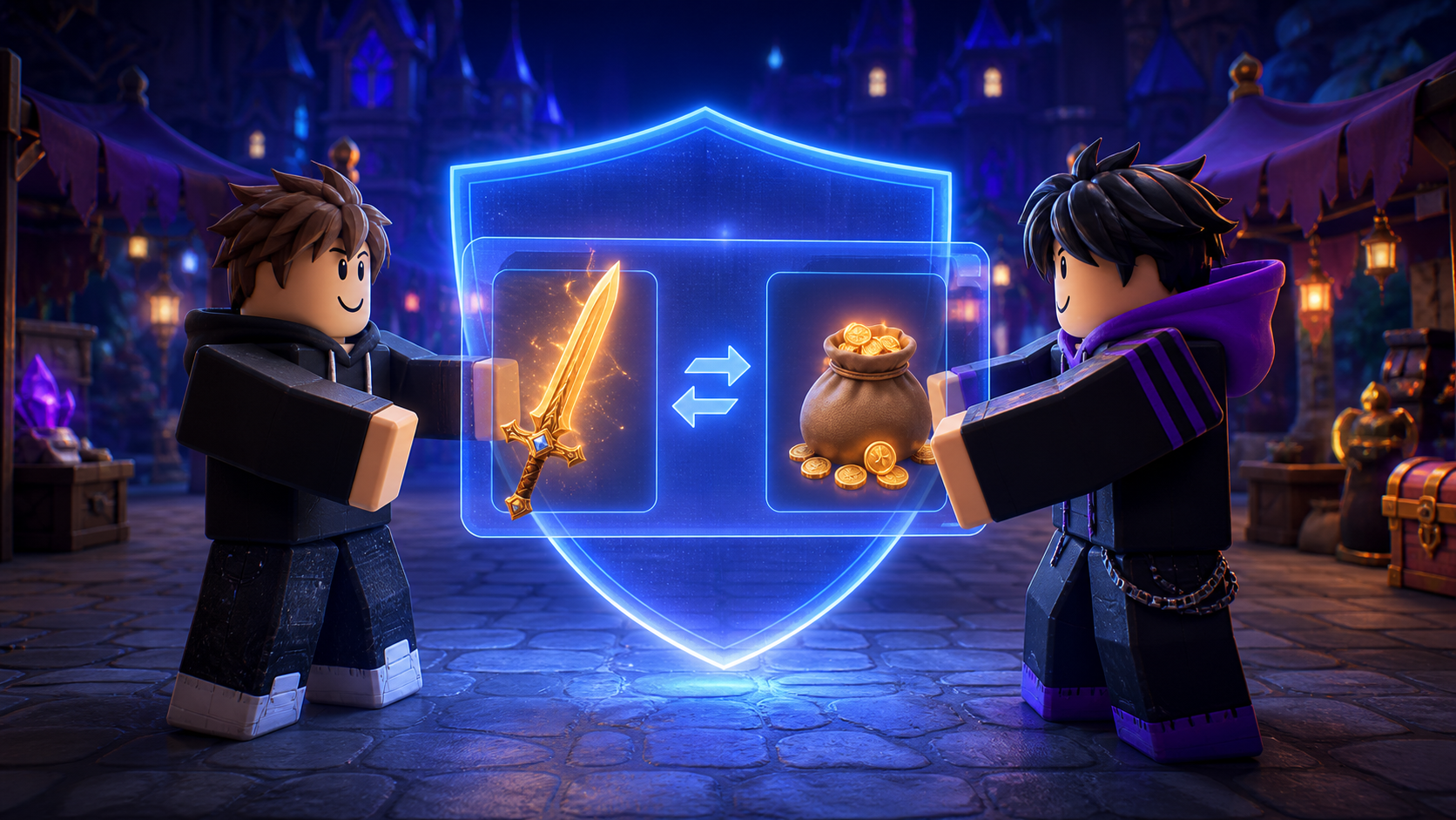 Original block-style avatars trading an item and coin bag inside a glowing protected trade window