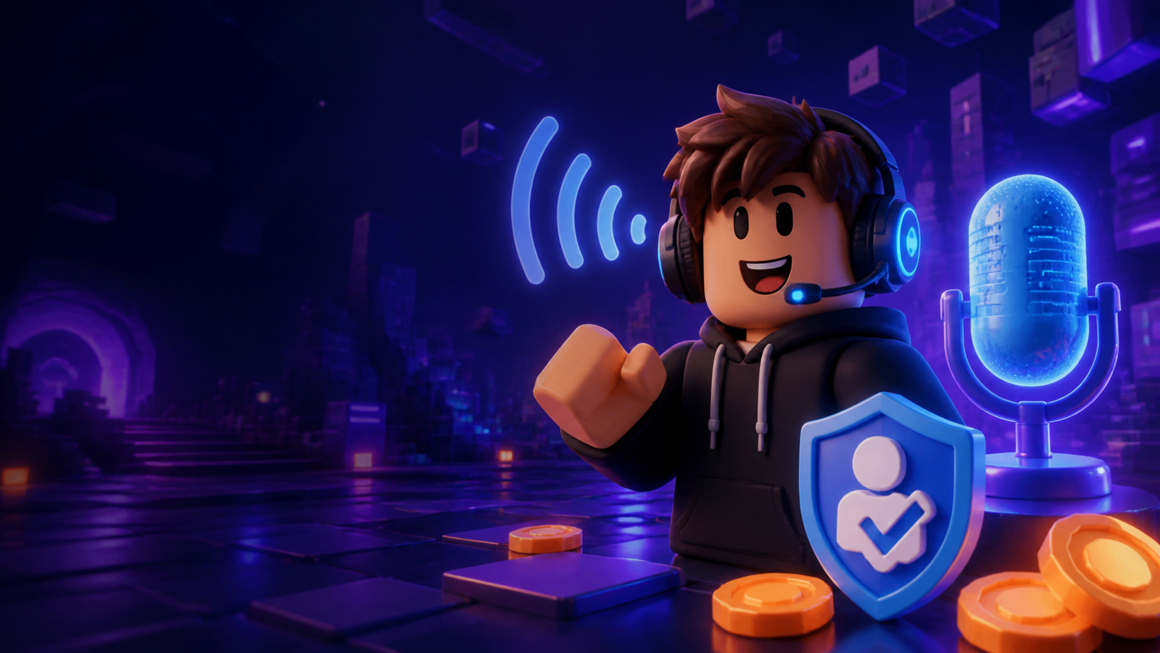 Original block-style avatar using a headset with a glowing microphone and age-check shield