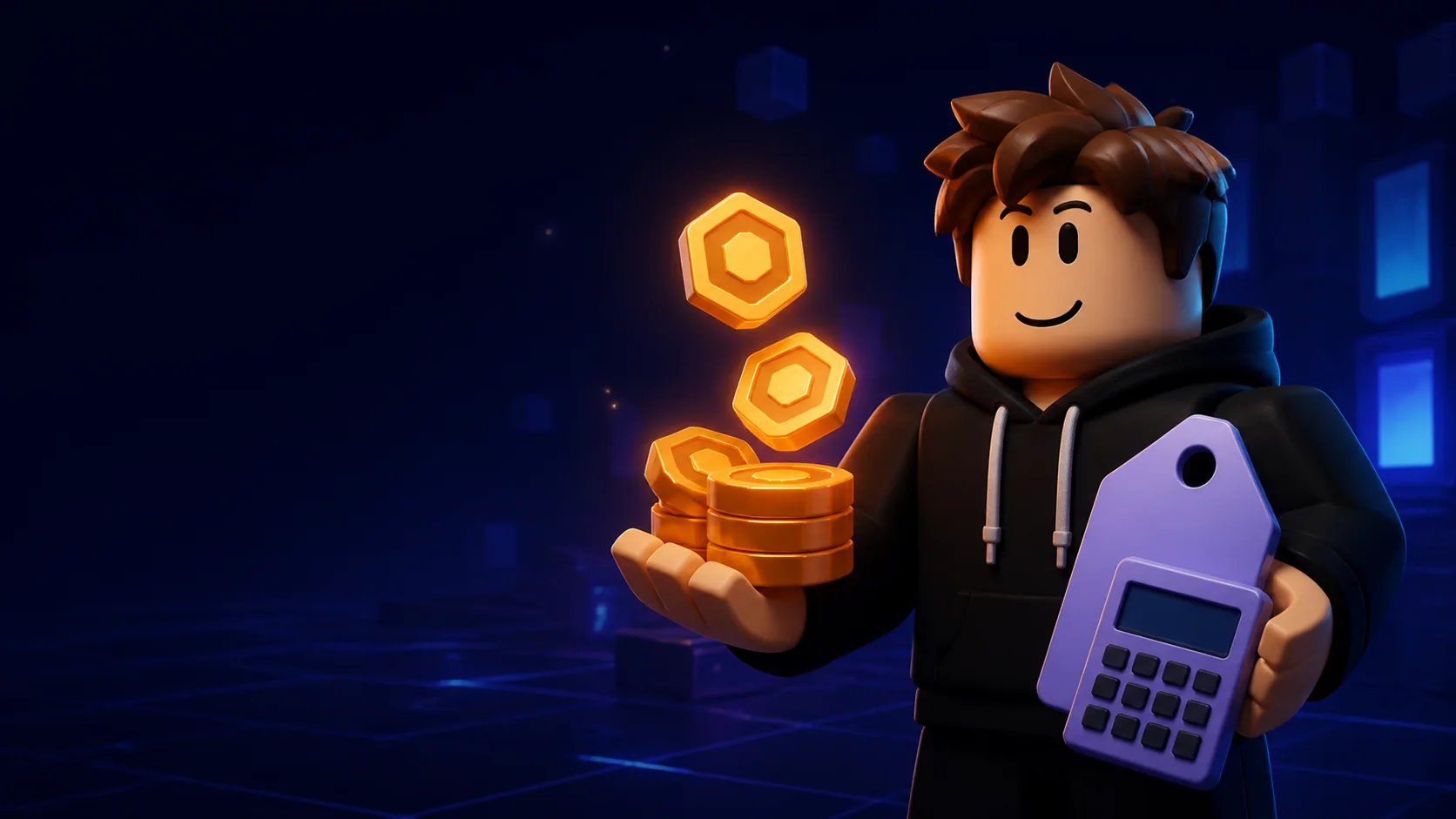 Game avatar comparing orange coin tokens with a calculator and price tag