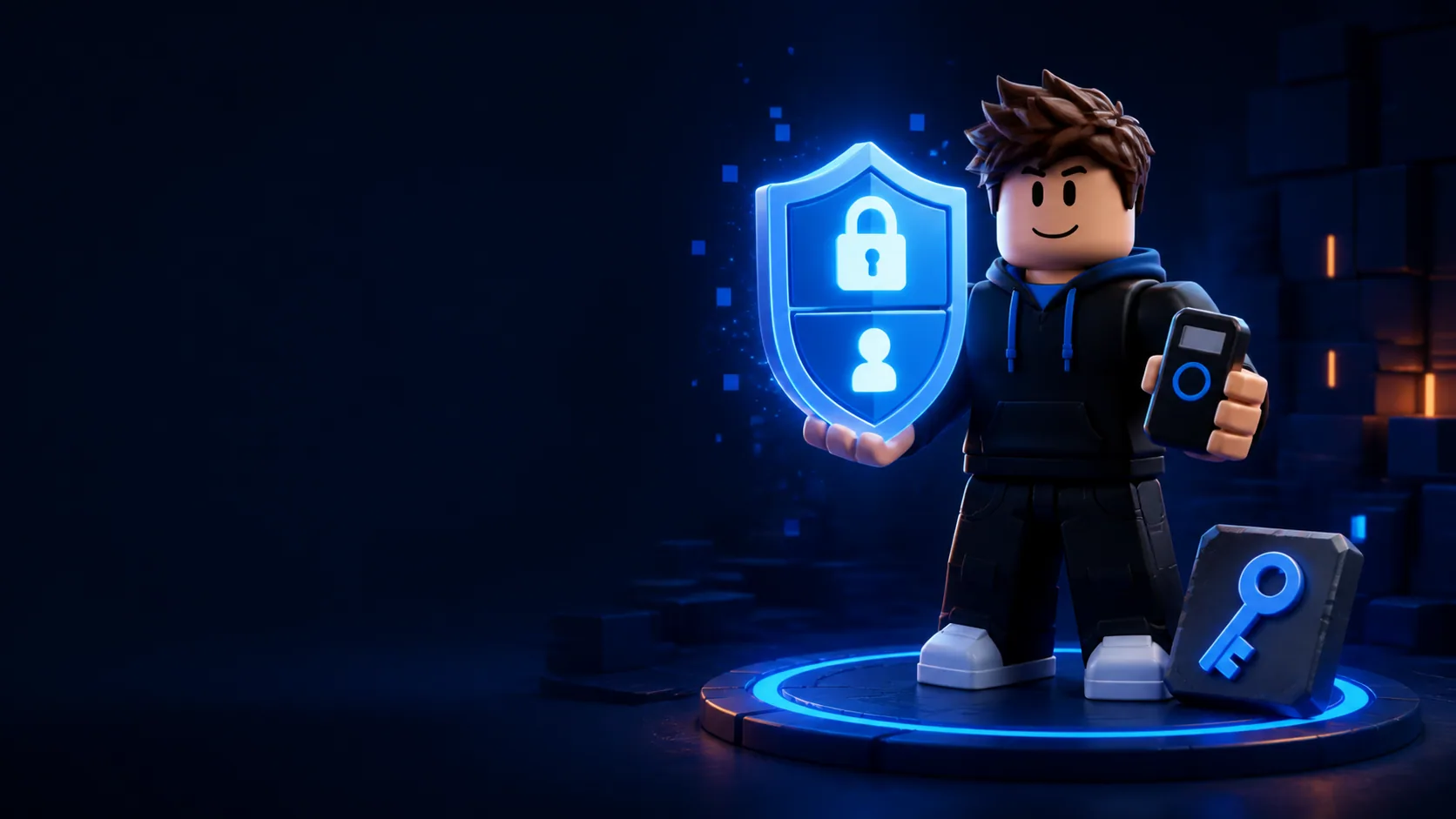 Game avatar holding a security shield, phone authenticator, and recovery key