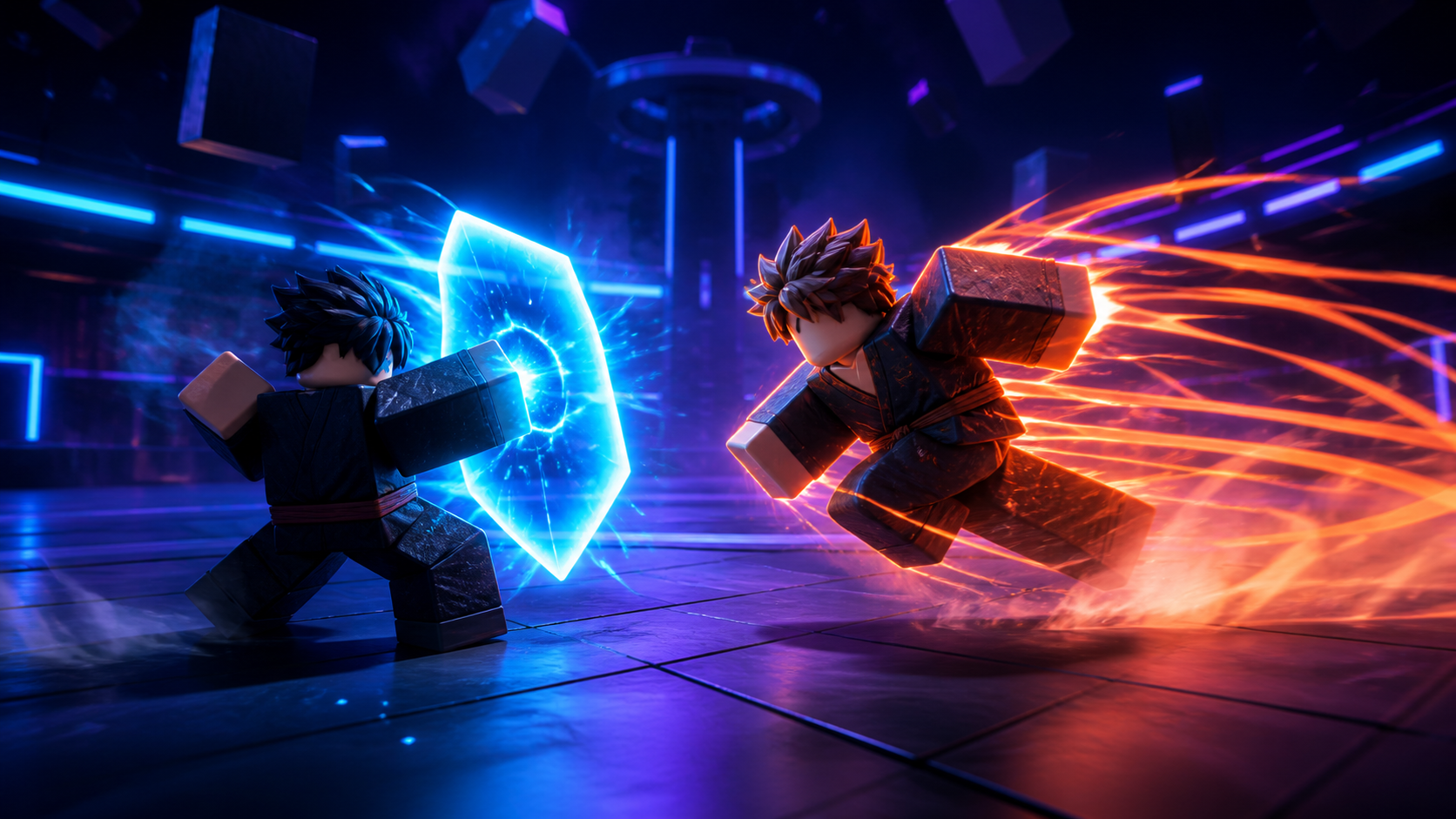 Original block-style fighters practising in a neon arena with glowing block, dash, and safe-training effects