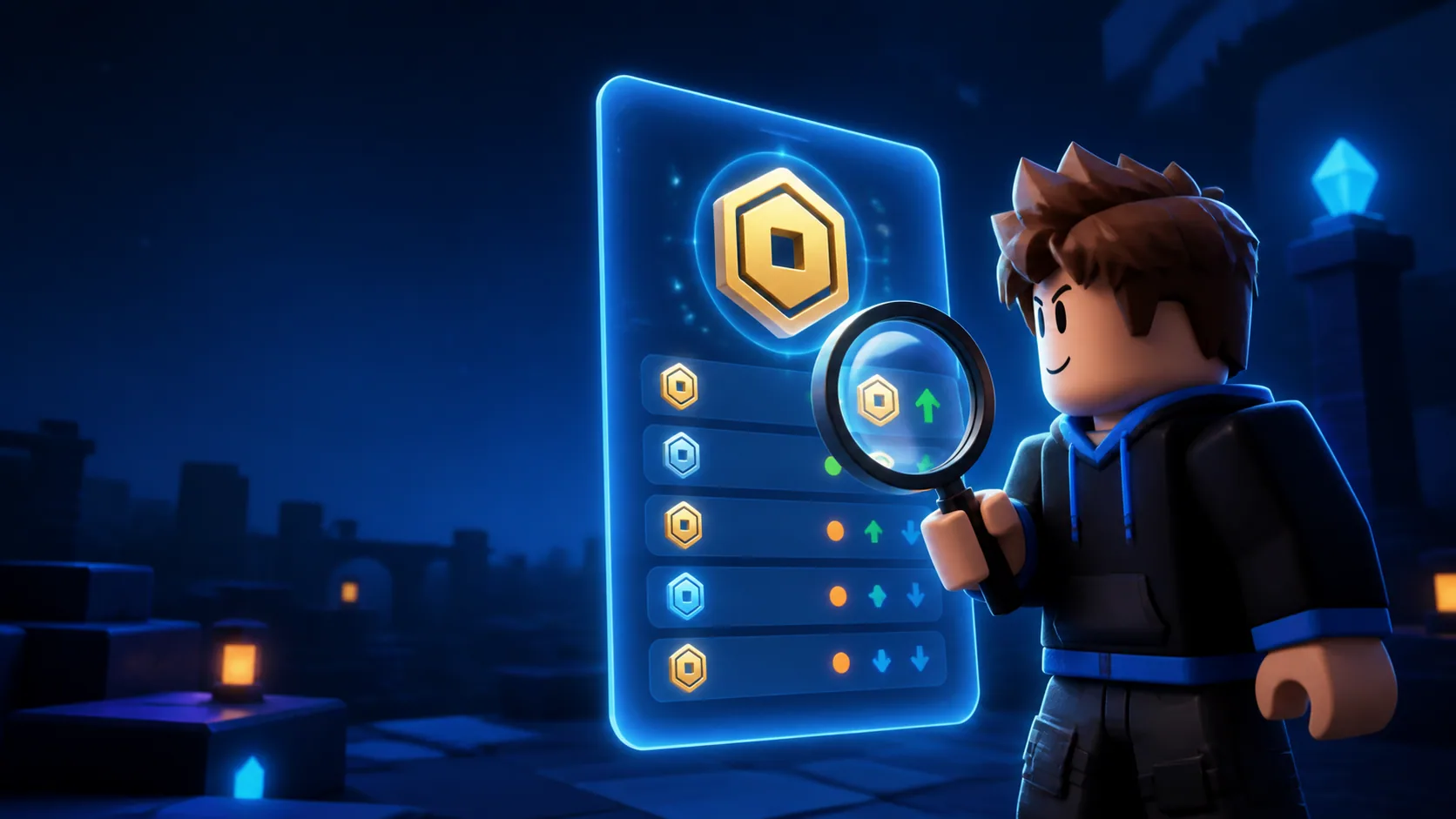 Game avatar using a magnifying glass to inspect a glowing coin history panel